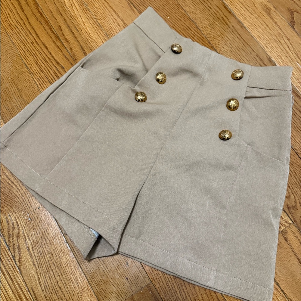 Stylish Tan Women's Shorts with Gold Button Accents
